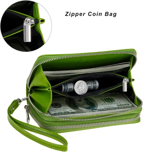 Vista 4 de Cartera con cremallera doble para mujer, bolso de mano con soporte para teléfono celular, tarjeta, moneda, efectivo