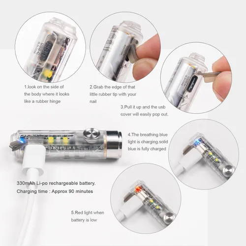 Vista 7 de RovyVon 4ª linterna Aurora A8 USB-C EDC, 90 CRI 5000K, luz de llavero recargable máxima de 420 lúmenes, encendido momentáneo, modo de bloqueo