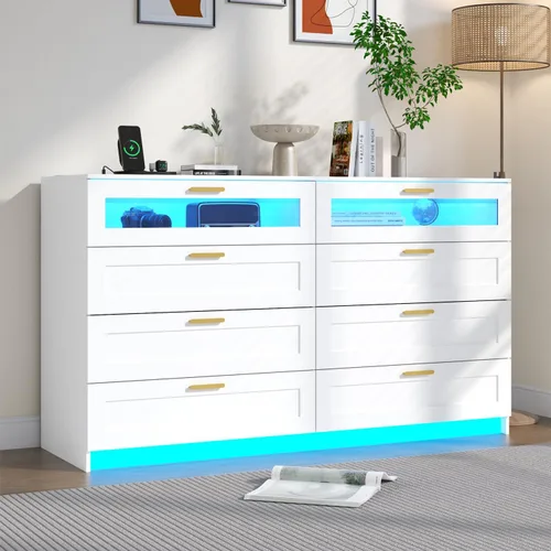 Vista 9 de Cómoda con 8 cajones con estación de carga, cómoda blanca para dormitorio con luces LED, cómoda moderna para armario, organizador de cómodas dobles