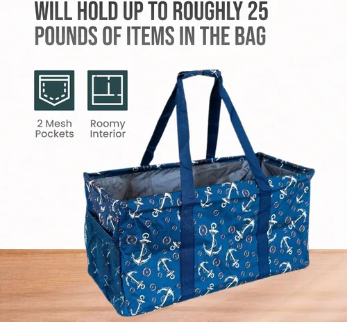 Vista 5 de Bolsa de utilidad extragrande Lucazzi - Cesta de lona rectangular plegable reutilizable con marco de alambre con dos bolsillos exteriores