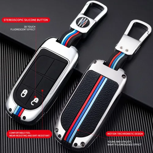 Vista 2 de Funda protectora de metal para llavero con llavero para Chrysler 300C Jeep Grand Cherokee 2011-2016 COMPASS 2011-2019 Cromo 2 Botones