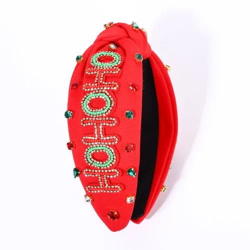 Vista 9 de Diadema de Navidad para mujer, accesorios de Navidad con cuentas, arco de Navidad, árbol, copo de nieve, diadema anudada HOHOHO, rojo y verde, perla