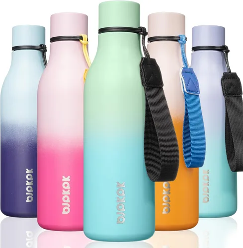 Vista 7 de BJPKPK Botellas de agua aisladas, botella de agua de metal de acero inoxidable de 12 onzas con correa, sin BPA a prueba de fugas, jarras, tazas