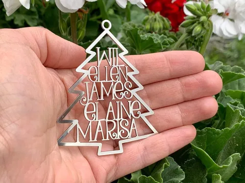 Vista 4 de Adorno personalizado para árbol de Navidad 2025, nombres cortados con láser, miembros de la familia, acero inoxidable, decoraciones de Navidad