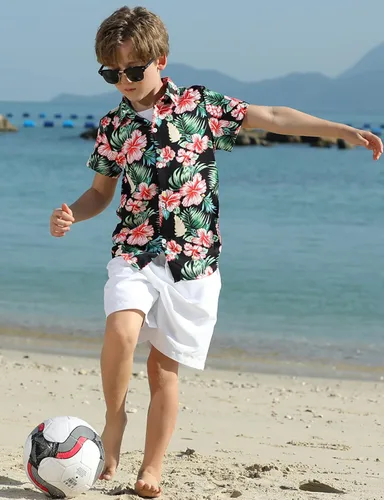 Vista 6 de Enlifety Camisa hawaiana para niños y niñas, blusa casual de verano de manga corta con botones, talla 2-10T