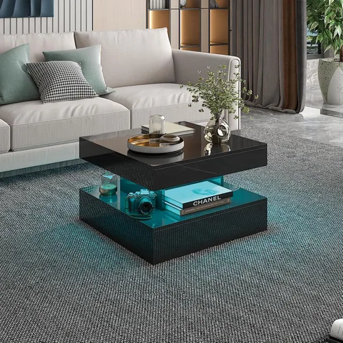 Vista 9 de HedoAjim Mesa de centro LED negra para sala de estar, mesa de sala de estar, mesas centrales cuadradas de 2 niveles, mesas de centro de madera