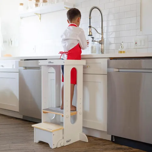 Vista 2 de Little Partners Torre Plegable para Niños Pequeños, Torre de Aprendizaje Explore 'N Store Montessori Torre de Cocina de Pie con Plataforma de Blanco