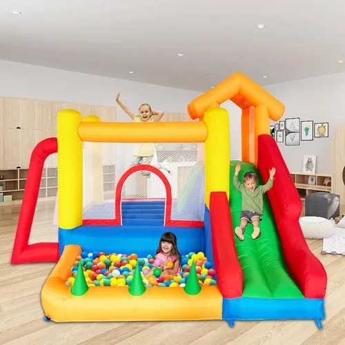 Vista 4 de Baralir Casa de rebote 7 en 1 para niños de 3 a 10 años, castillo hinchable con tobogán largo, piscina para niños (pozo de pelota), portería