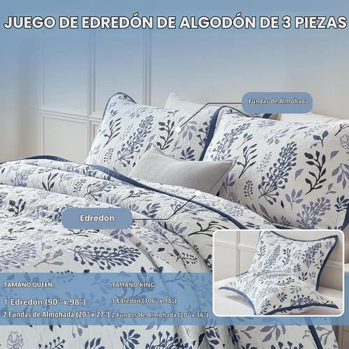 Vista 5 de Juego de edredón botánico tamaño Queen 100% algodón, 3 piezas azul/blanco