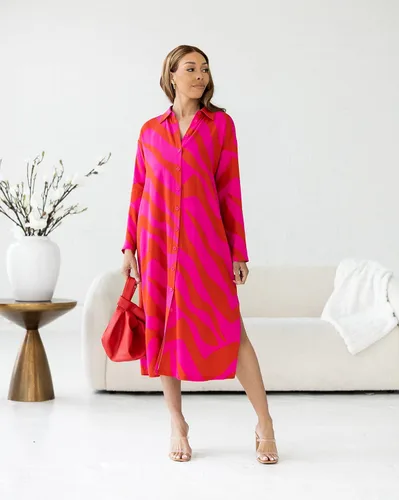 Vista 3 de The Drop Vestido camisero con estampado de cebra rosa y rojo para mujer de victoriouslogan
