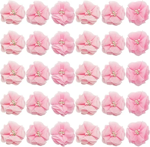 Vista 7 de 30 piezas de flores de gasa con diamantes de imitación de 2 pulgadas, apliques de tela de costura para ropa, manualidades, fiestas, decoración