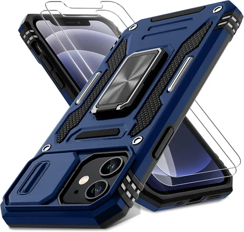 Vista 15 de DEERLAMN Funda para iPhone 12/12 Pro con cubierta deslizante para cámara + protector de pantalla (2 unidades), soporte de anillo giratorio de grado