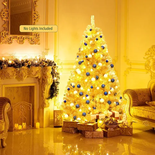 Vista 2 de DREAMADE Árbol de Navidad de oropel dorado, pino artificial de 6 pies sin encender con 1036 ramas completas, soporte de metal, diseño con bisagras