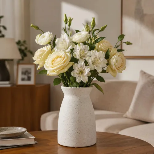 Vista 5 de hjn Florero de Flores Blanco - Florero de cerámica para decoración, jarrón blanco para flores, jarrones modernos para sala de estar/acentos