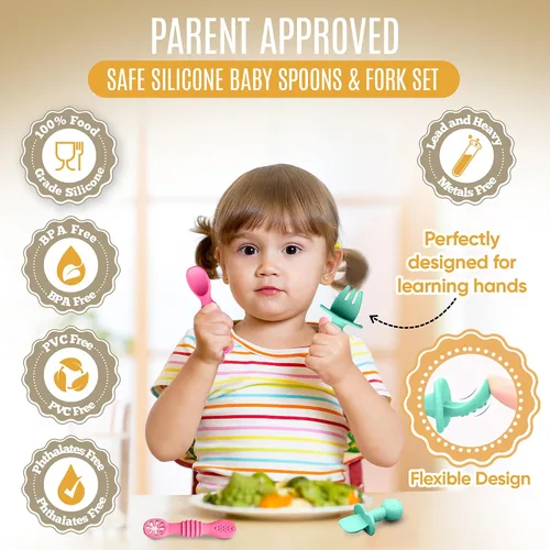 Vista 2 de HippoBaby Juego de 4 cucharas de silicona para bebé autoalimentación Utensilios para bebé 6-12 meses - 3 cucharas para bebé - 1 tenedor para bebé
