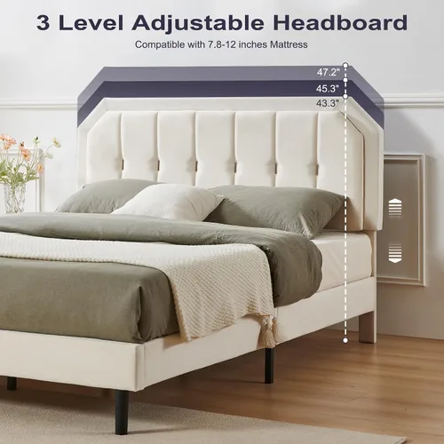 Vista 9 de Furnify Base de cama tamaño Queen, plataforma tapizada de terciopelo con ribete dorado, cama de estilo moderno con cabecera ajustable, no necesita