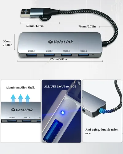 Vista 7 de Hub USB 3.0, adaptador multipuerto USB, concentrador extensor USB de 4 puertos, divisor USB para portátil/PC/MacBook/iPad Pro/iMac y más