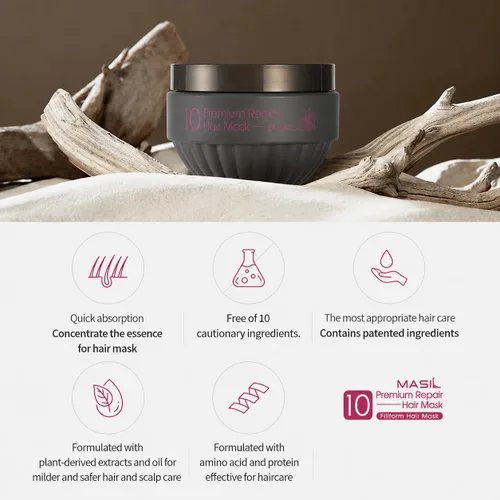 Vista 3 de MASIL Mascarilla reparadora para el cabello 10 premium, tratamiento profundo para cabello seco dañado, queratina profesional coreana y cuidado