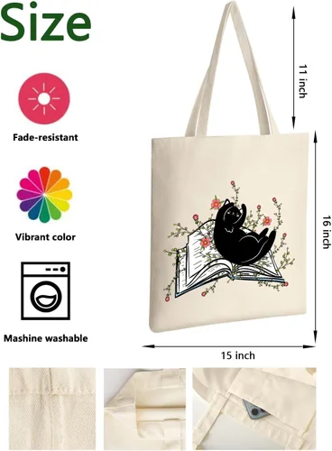 Vista 3 de AUSVKAI Bolsa de lona estética para mujer, lindas bolsas de algodón reutilizables de tela para compras, playa, comestibles, Libro de flores de gato