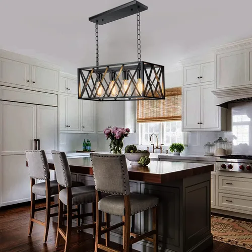 Vista 6 de Pynsseu - Lámpara colgante de isla de cocina industrial, rectangular, estilo clásico rústico, lámpara colgante de 4 luces, para cocinas de casa