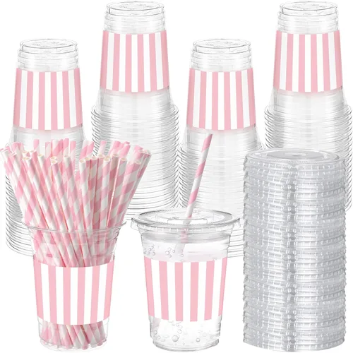 Vista 8 de Sliner 50 juegos de vasos de plástico a cuadros de 16 onzas con tapas y pajitas de papel, vasos desechables transparentes para fiesta de autos