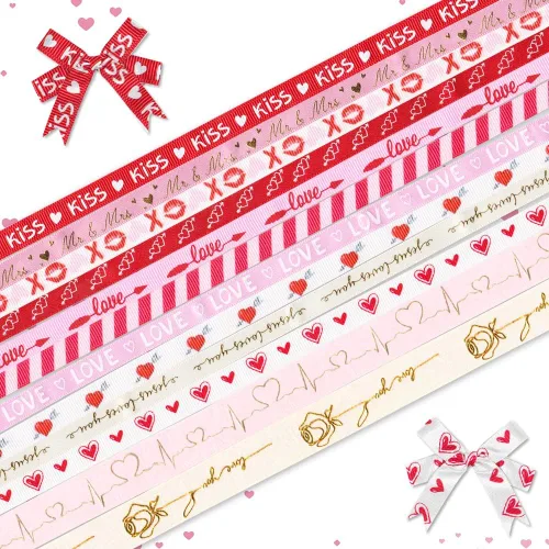 Vista 7 de Cintas de San Valentín de 12 yardas, cintas rojas y rosadas, cinta decorativa de grogrén XOXO, corazón de San Valentín, cintas de organza de 3/8