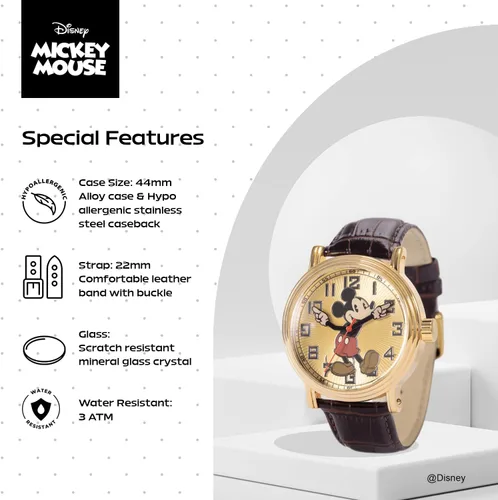 Vista 4 de Disney Mickey Mouse - Reloj de cuarzo analógico para adultos, Marrón, Reloj de cuarzo