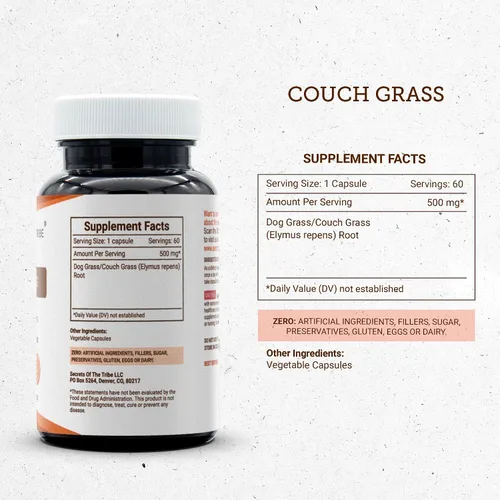 Vista 3 de Secrets of the Tribe Couch Grass 60 cápsulas, 1000 mg, Couchgrass (Couch Grass, Elymus repens) raíz seca (60 cápsulas)