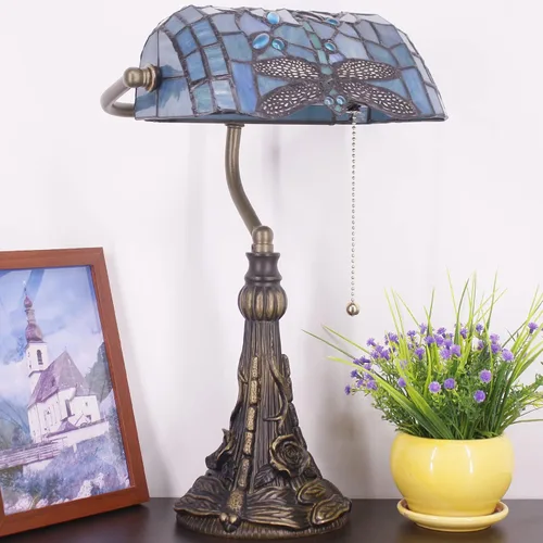 Vista 5 de Tiffany Banker Lámpara Pequeña Lámpara De Mesa De Vidriera Azul Mar Libélula Estilo Libélula Azul Mar