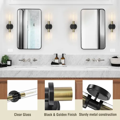 Vista 6 de Lámparas de baño de 2 luces negras y doradas, luces de tocador de baño sobre espejo, apliques de pared, iluminación industrial, accesorios