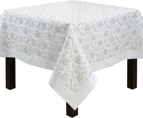 Vista 5 de SARO LIFESTYLE Camino de mesa bordado floral, plateado, 16"x120