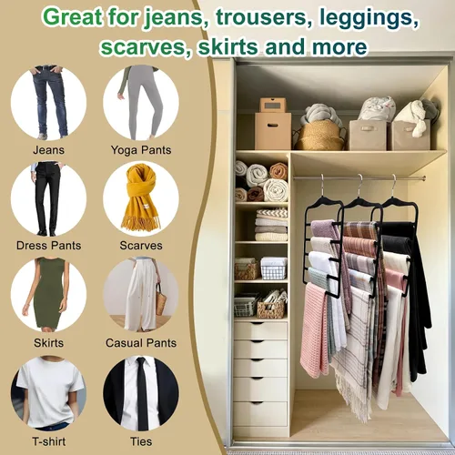 Vista 5 de Organizadores y almacenamiento de armario, paquete de 3 perchas de terciopelo para pantalones, ahorro de espacio, antideslizantes, organizador de 5