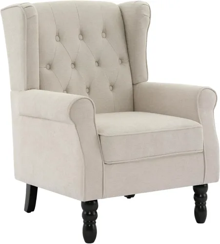 Vista 7 de High Back Accent Chair, Fabric Upholstered Armchair Wingback Chair for Living Room, Comfy Bedroom Reading Seat with Solid Wood Legs, Beige