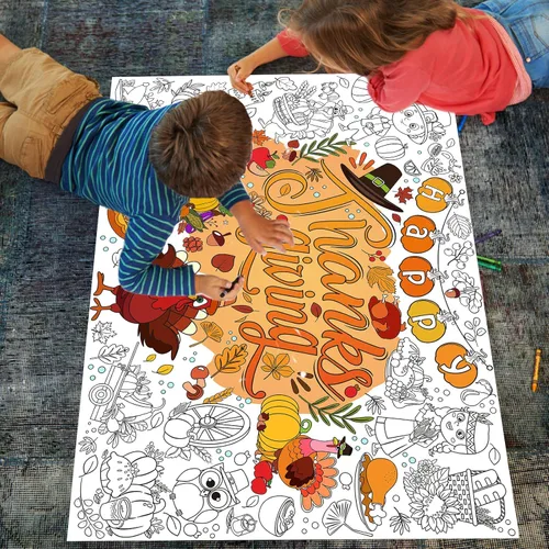 Vista 7 de HOWAF Póster para colorear con 24 bolígrafos de pintura, cartel gigante para colorear con texto en inglés "Give Thank Things", mantel gigante