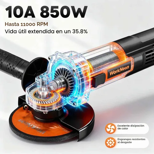 Vista 3 de Amoladora angular de 850W: Amoladora angular de 4-1/2 pulgadas - Amoladora angular de 11000RPM con 5 piezas de ruedas de corte y molienda, mango