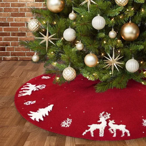 Vista 8 de Dremisland Falda de Árbol de Navidad, Falda de Árbol de Punto Trenzado Tejido Grueso Rústico para Decoración Navideña - Alce 3D y Árbol de Navidad