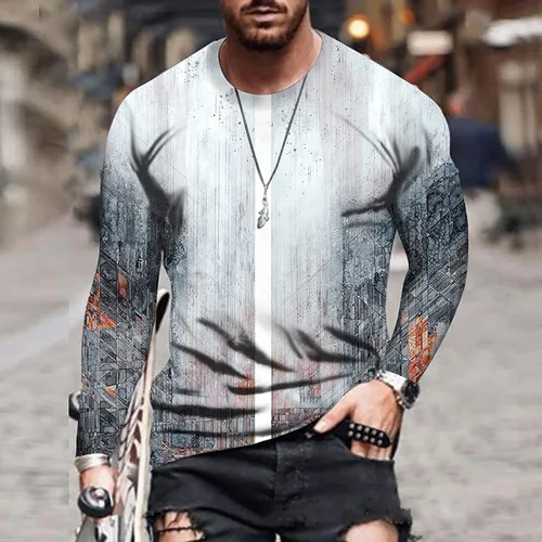 Vista 3 de Fashion T-Shirts for Men Long Sleeve Casual Pullover Blouse Classic Fit Basic Tops Graphic Print Round Neck Shirts