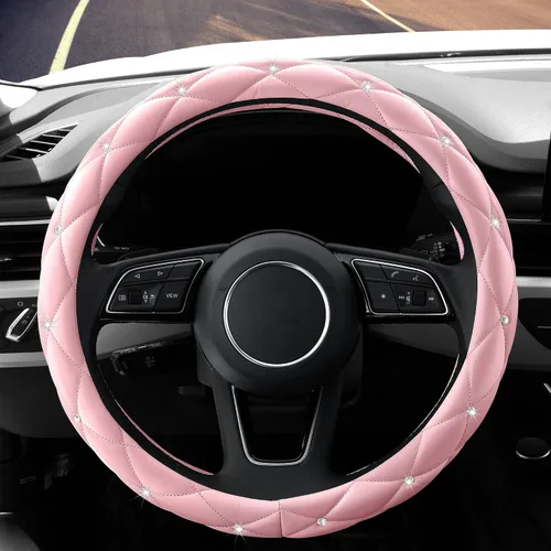 Vista 2 de YOGURTCK Linda funda antideslizante para volante de cuero rosa suave con diamantes y cristales brillantes, universal de 15 pulgadas para mujeres