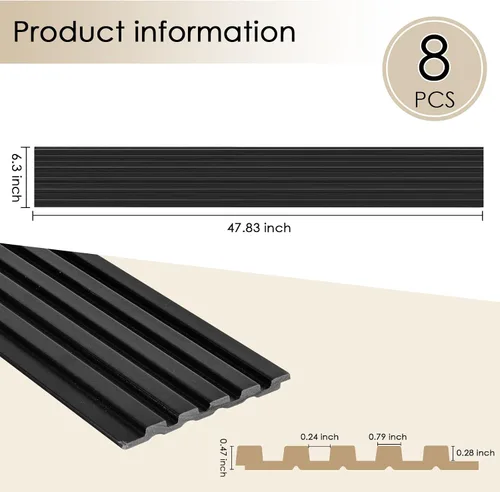 Vista 2 de Paquete de 8 paneles de pared con listones 3D, paneles de pared de madera sintética insonorizados para decoración de interiores, 47.2 x 6.3