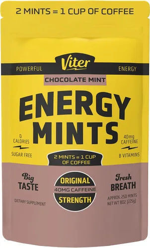 Vista 16 de Viter Energy Mentas con Cafeína 40mg de Cafeína, Vitaminas B, Sin Azúcar. (Menta Chocolate, 20 piezas, Paquete de 6)