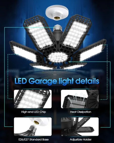 Vista 5 de AUDLES - Paquete de 1 luz de garaje, 200 W, 20000 lm, 6500 K, luces LED para taller, luces de techo LED para garaje con 6+1 paneles deformables