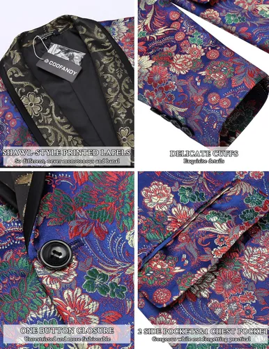 Vista 5 de COOFANDY Chaqueta de traje floral para hombre, chal, solapa, ajuste delgado, elegante, vestido, traje de graduación, fiesta, boda, blazer