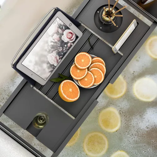 Vista 6 de Bandeja de baño para tina, bandeja organizadora ajustable de bambú con jabonera, ideal para spa de lujo o lectura (negro)