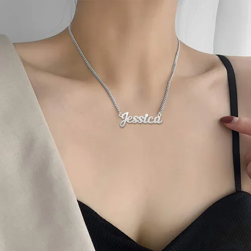 Vista 2 de LuxglitterLin Collar con nombre personalizado con letra de guión de acero inoxidable, cadena de eslabones cubanos, joyería para mujeres y hombres