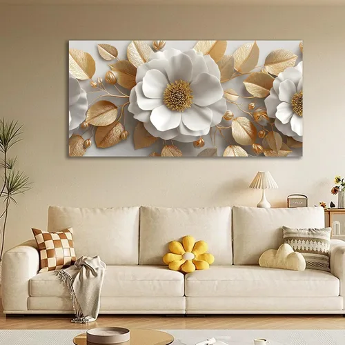 Vista 7 de Tarfupth Lienzo floral para pared de sala de estar, flores doradas y blancas, obra de arte botánica grande para dormitorio, oficina, decoración