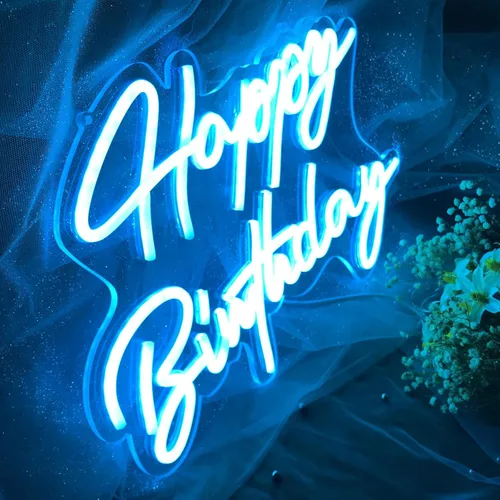 Vista 4 de Letrero de neón de feliz cumpleaños, reutilizable, luz LED azul de neón, decoración de fiesta de cumpleaños, funciona con USB, decorativo para telón