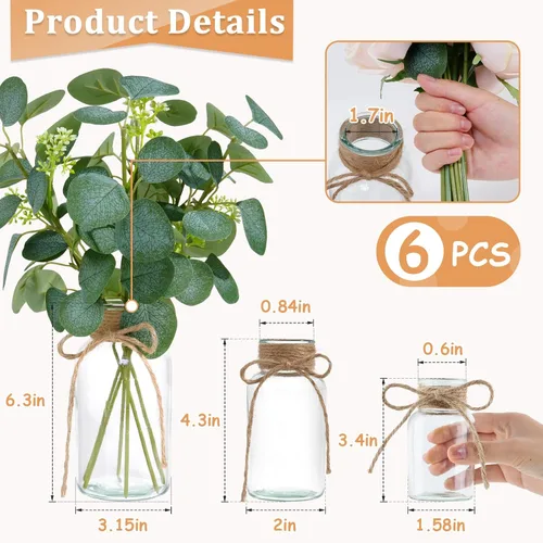 Vista 10 de Jarrones de vidrio vintage para flores, juego de 3 jarrones transparentes para centro de mesa de boda estilo granja, botella cilíndrica