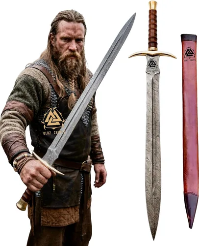 Vista 3 de Espada Vikinga de Damasco Hecha a Mano de 38 Pulgadas Real Medieval LARP Cosplay Nórdico Accesorios de Espadas con Vaina de Cuero Mango