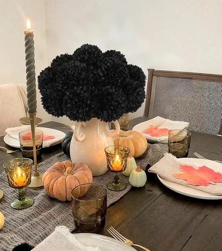 Vista 6 de Briful 12 tallos artificiales de crisantemo negro – Cabezas de flores de seda de 11 pulgadas de alto con hojas verdes, tallos flexibles