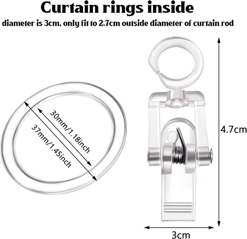 Vista 2 de Jetec 30 anillos de cortina de plástico con 30 clips de cortina de ducha, 1.181 in (transparente)